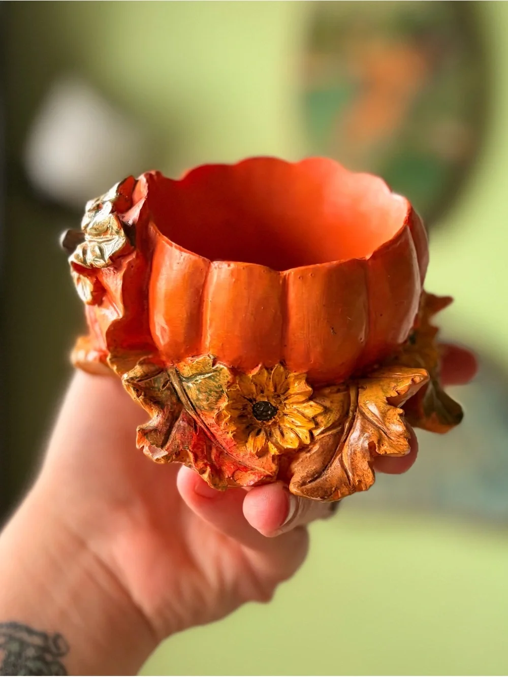 Pumpkin Seasonall Fall Tealight Holder Accent Orange & Floral Sunflowers